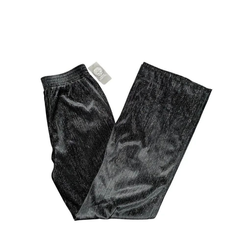 Vince Camuto Metallic Pleated Wide-Leg Elastic Waist Black Trouser Women's 8